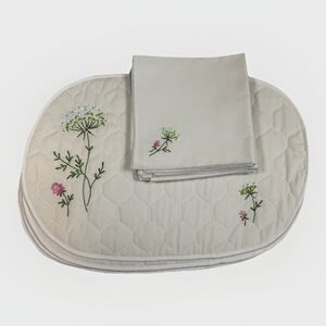 Ivory Quilted Placemats & Napkins Floral Embroidered Set of 4